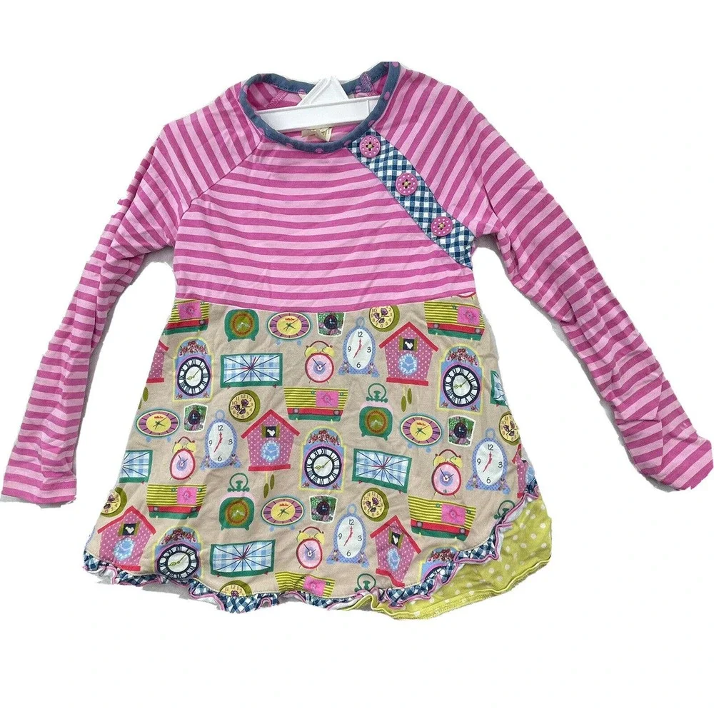 Matilda Jane Little‎ Girls Size 4 Pink Striped W/ Clock Print Top 2017